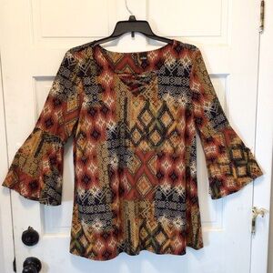 New Directions Womens Boho Brown Stretch Bell Sleeve Blouse Size Large